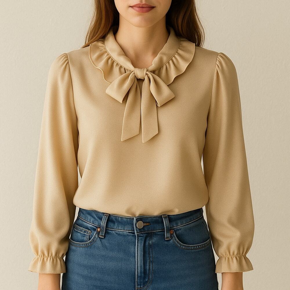 Vintage Champagne Ruffle Neck Blouse Long Sleeve Satin Look Romantic Top